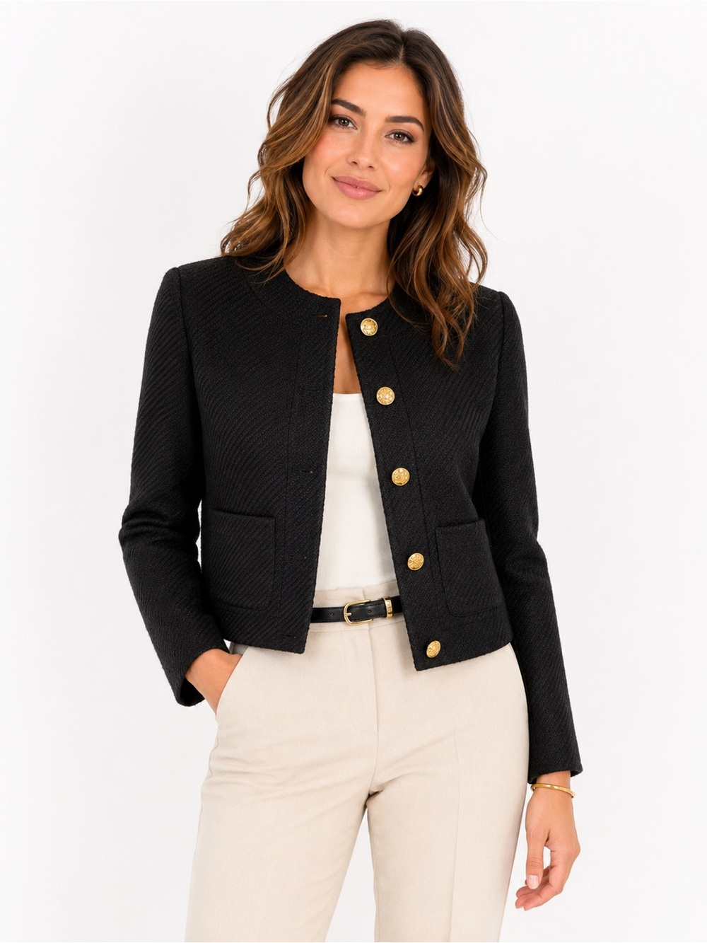 J.Crew Black Textured Cropped Jacket Gold Buttons Career Preppy Size 0 Parisian - Picture 1 of 11